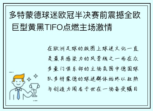 多特蒙德球迷欧冠半决赛前震撼全欧 巨型黄黑TIFO点燃主场激情 多特蒙德球迷欧冠半决赛前震撼全欧 巨型黄黑TIFO点燃主场激情
